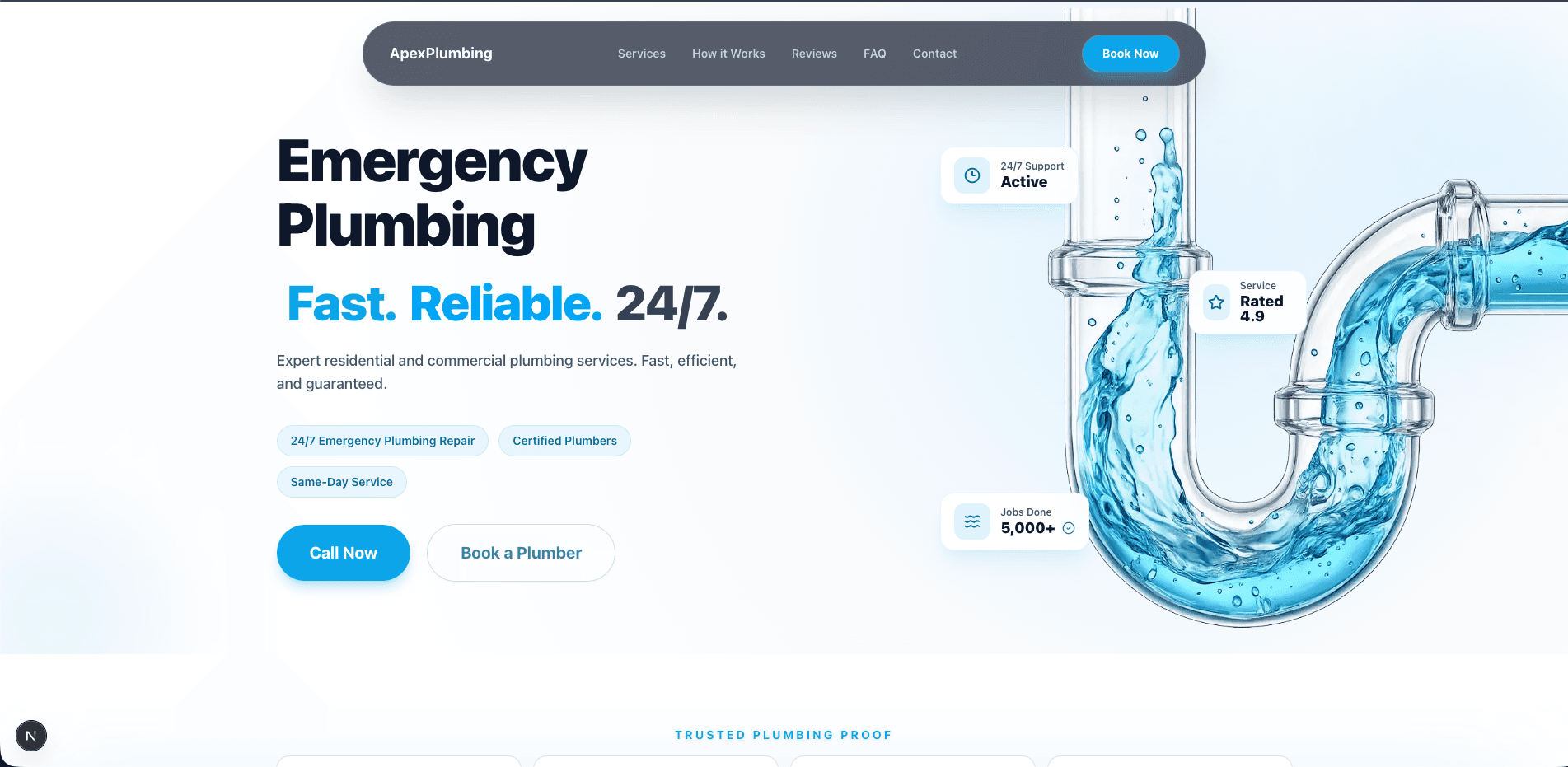 Modern, clean plumbing website design with strong call-to-action buttons, mobile-first layout, simplified service structure, clear visual hierarchy, trust-focused sections, and optimized user flow for quick service requests