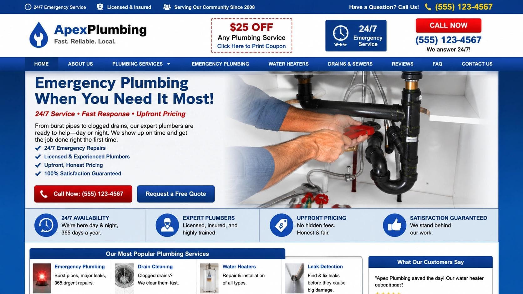 Outdated plumbing website with cluttered layout, heavy orange and beige colors, multiple competing sections, weak call-to-action placement, difficult navigation, and poor mobile usability