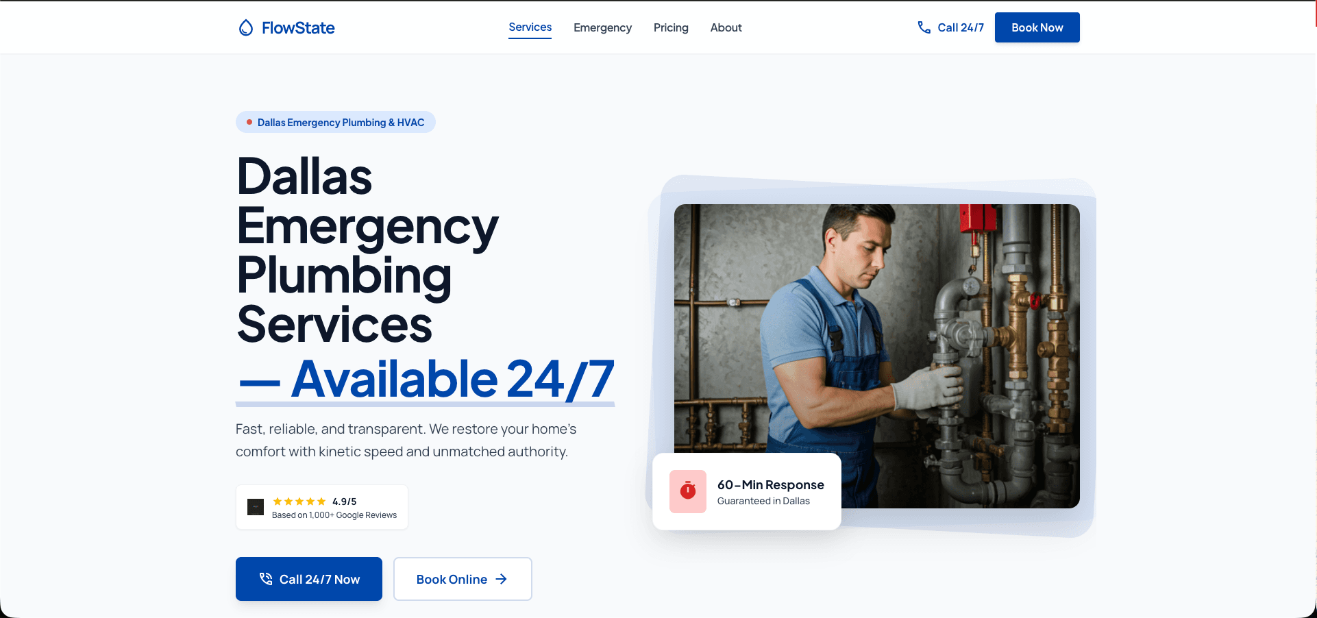 Modern, clean plumbing website design with strong call-to-action buttons, mobile-first layout, simplified service structure, clear visual hierarchy, trust-focused sections, and optimized user flow for quick service requests