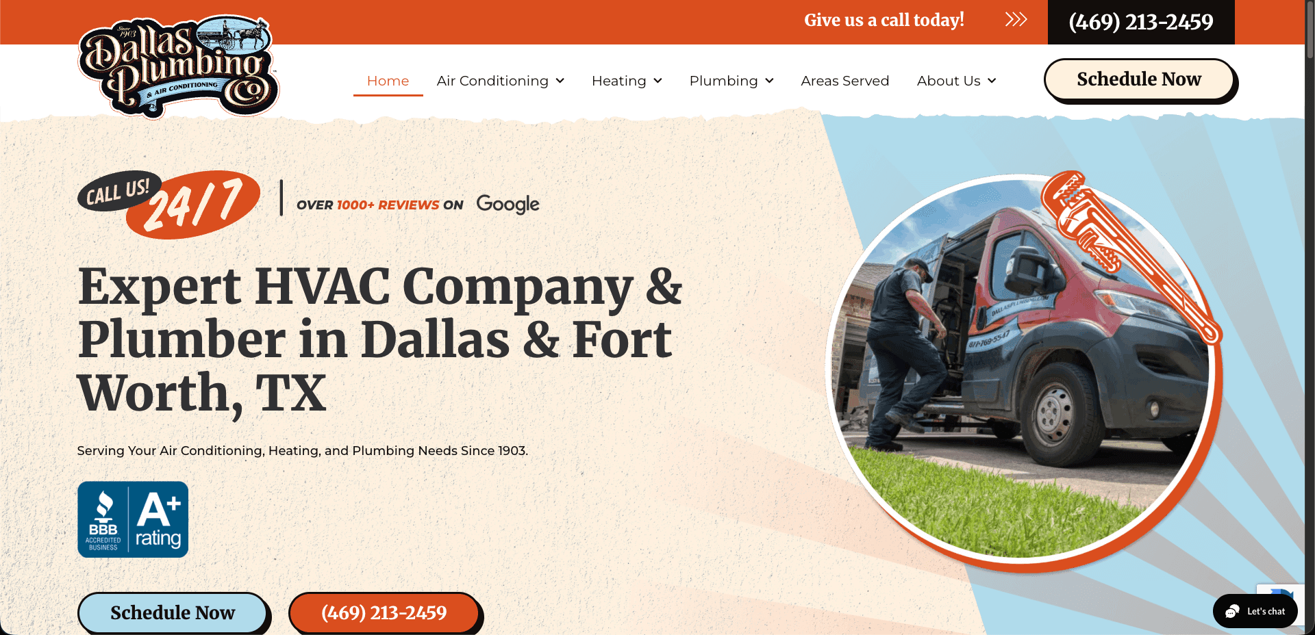 Outdated plumbing website with cluttered layout, heavy orange and beige colors, multiple competing sections, weak call-to-action placement, difficult navigation, and poor mobile usability